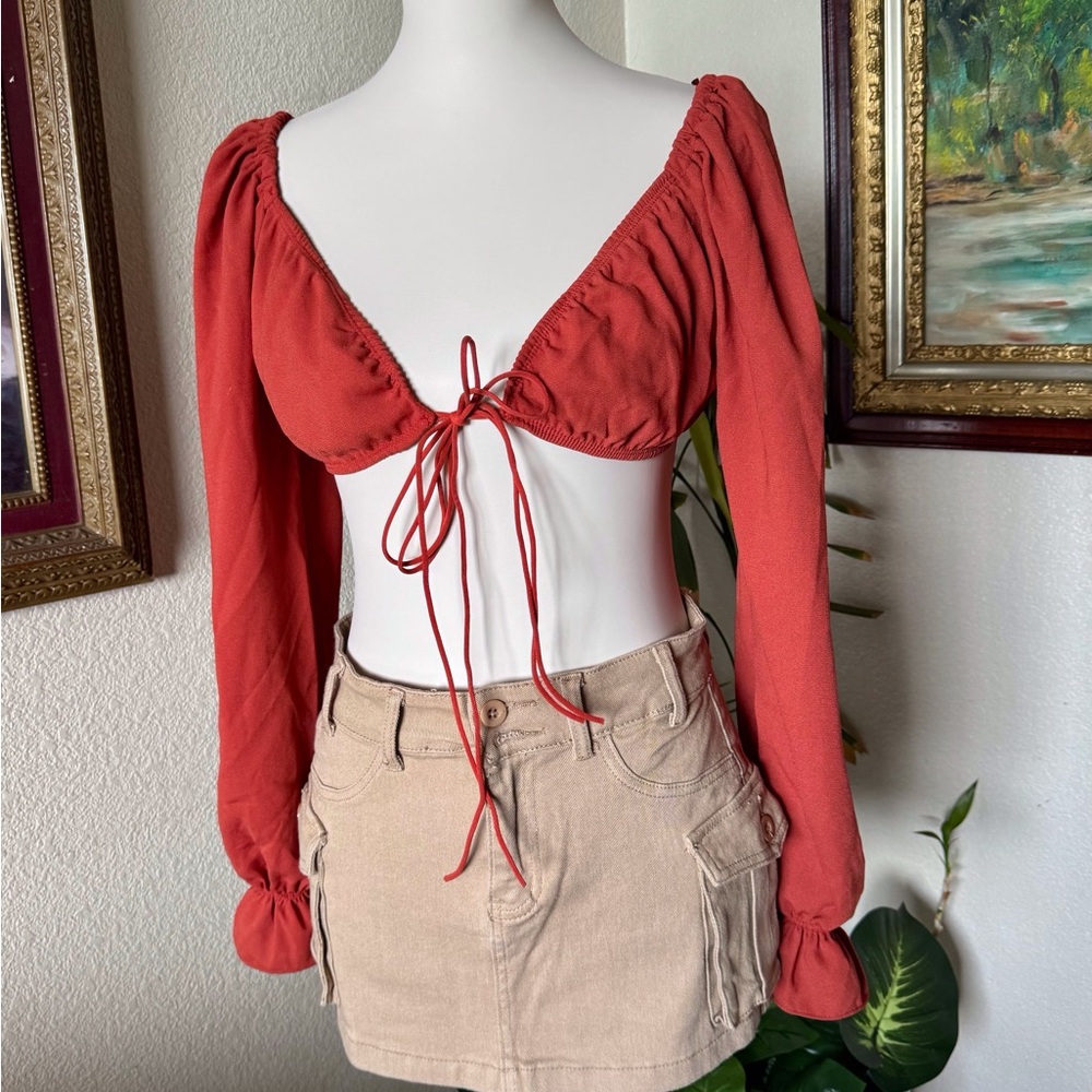 Women's Brick Red Cropped Long Sleeve Top w Tie Front